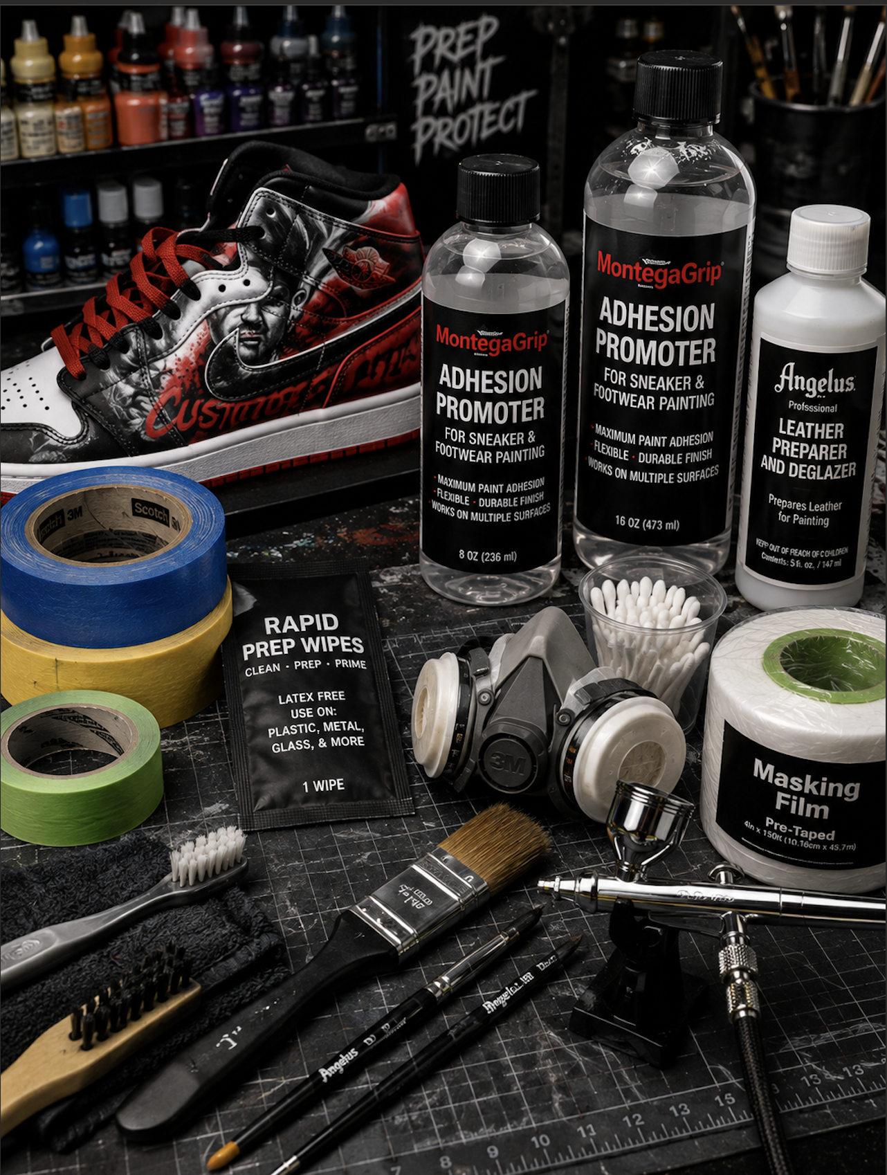 MontegaGrip adhesion promoter bottles in 8 oz and 16 oz sizes with custom red sole sneakers