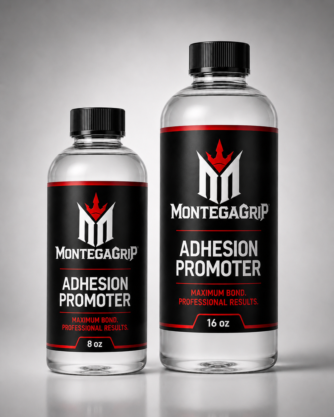 MontegaGrip adhesion promoter in 8 oz and 16 oz bottles with custom painted sneaker